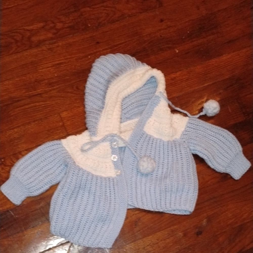 Blue and White Knit Baby Sweater with Hood